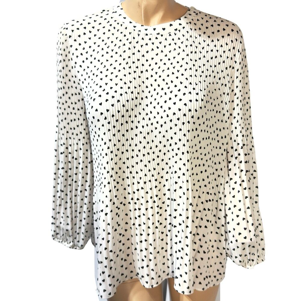 Adrianna Papell Pleated Blouse White Black Hearts Print Size XL Top Long Sleeve